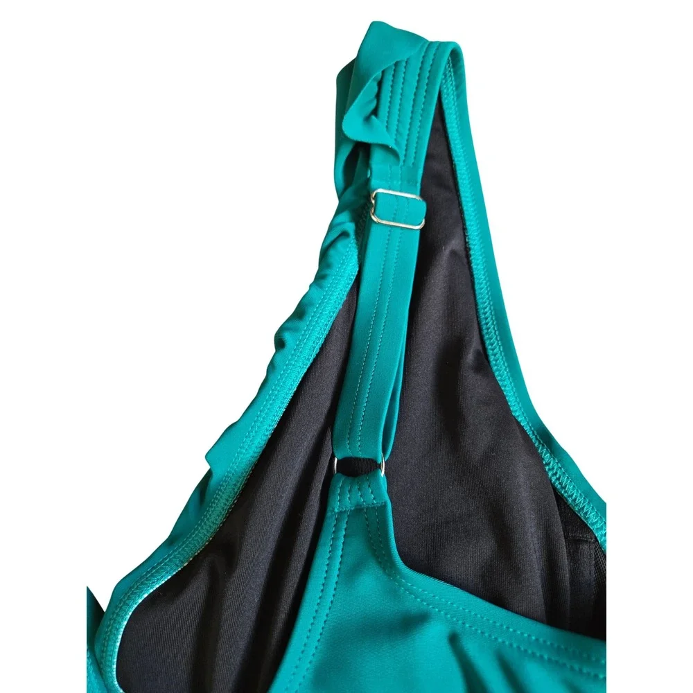 DKNY Teal Ruffle One Piece Swimsuit Size 14 Rushed Tummy Control Beach Chic Glam - Picture 6 of 7